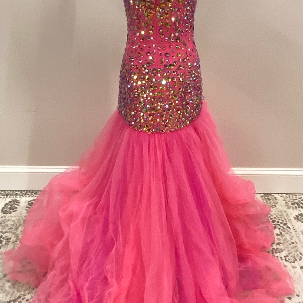 Sherri Hill Multicolor Sequin and Pink Tulle Dress - Picture 4 of 5